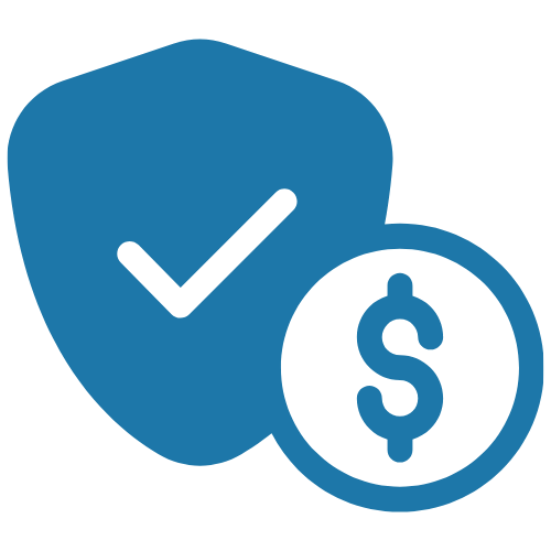 Blue shield icon with a green check mark and a dollar sign on a transparent background