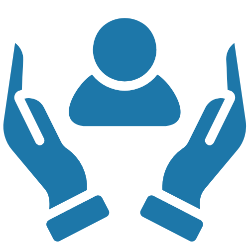 Blue icon of a person with two hands on either side on a transparent background