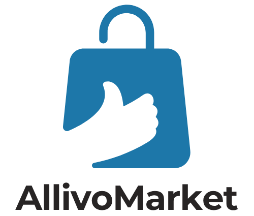 Blue shopping bag icon with a hand holding it on a green background, featuring the brand 'AllivoMarket'.