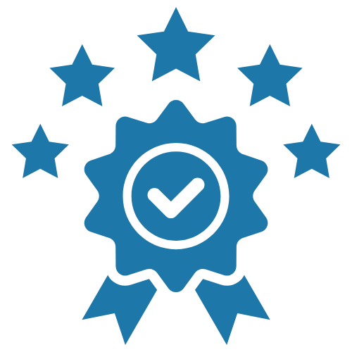 Blue badge with a check mark and five stars on a transparent background