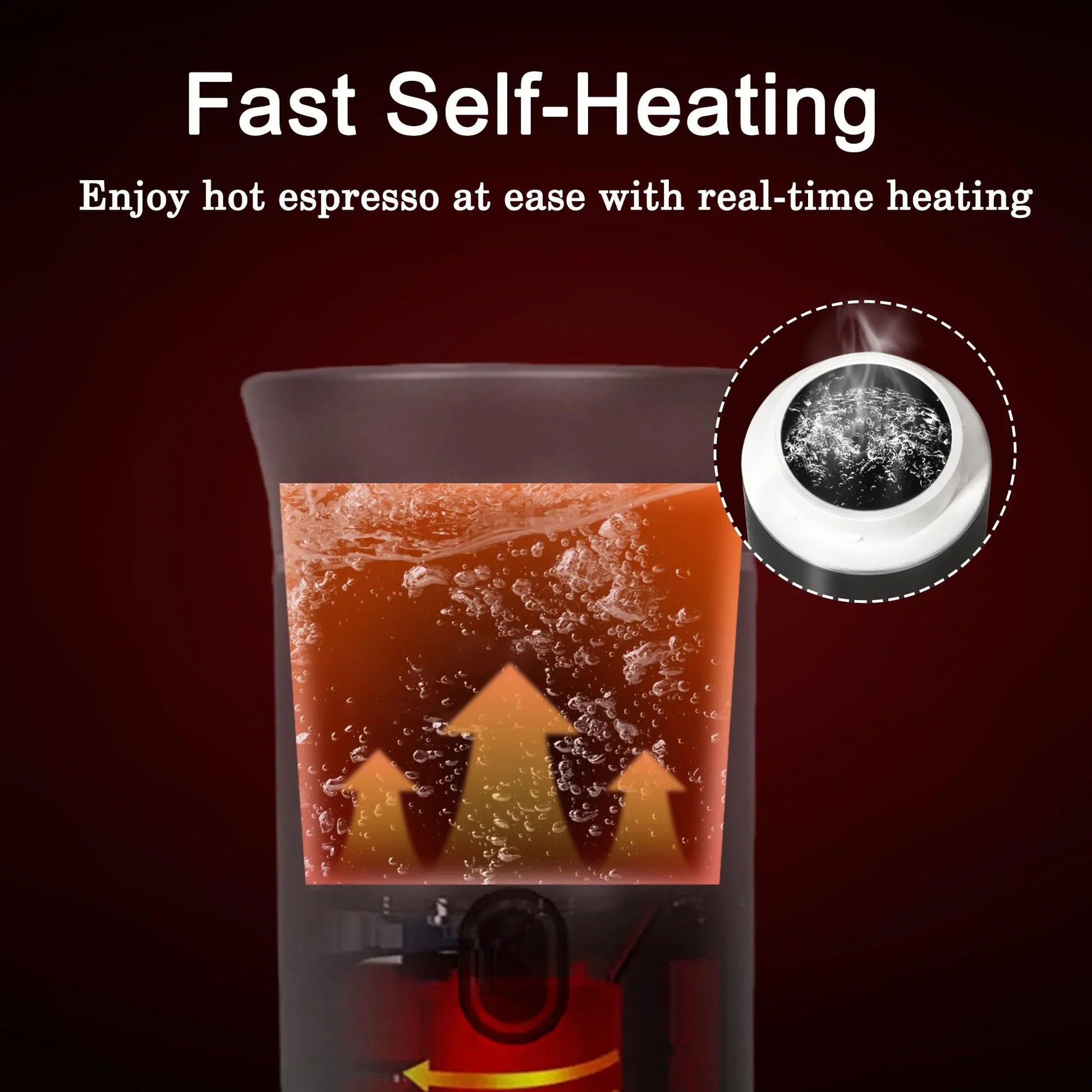 Coffee maker with text 'Fast Self-Heating' and 'Enjoy hot espresso at ease with real-time heating'.