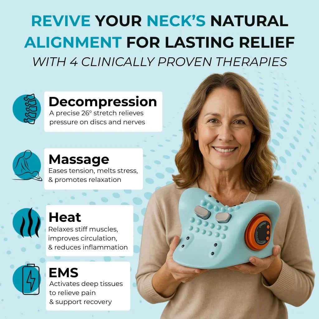 Electric Cervical Neck Massager with decompression, heat, massage, and EMS therapy for daily neck relief