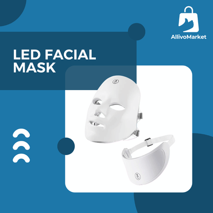 White LED facial mask on a blue background with AllivoMarket branding.