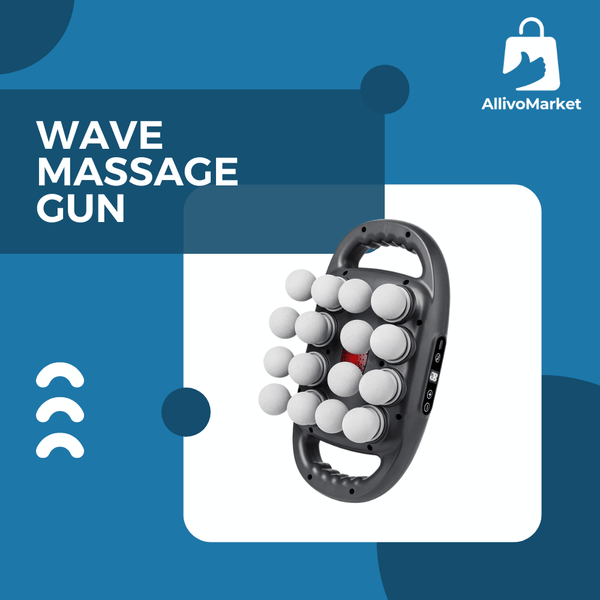 Wave massage gun with AllivoMarket branding on a blue background