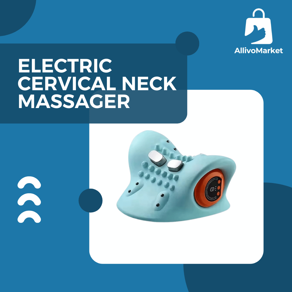Electric cervical neck massager with branding on a blue background