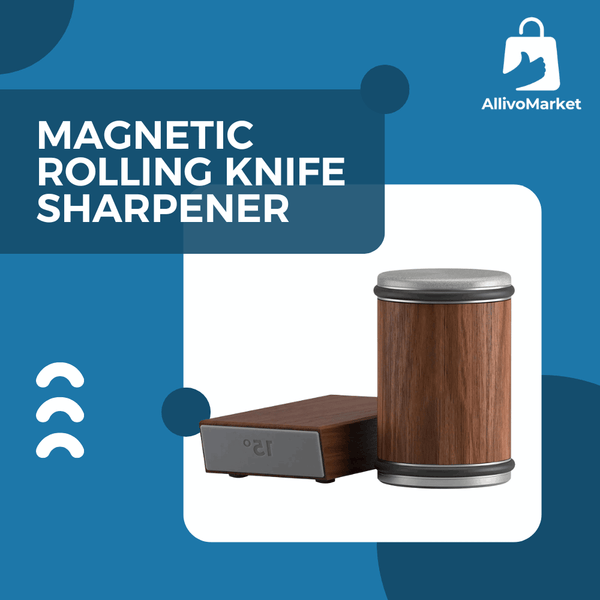 Magnetic rolling knife sharpener with wooden design on a blue background, featuring AllivoMarket logo.