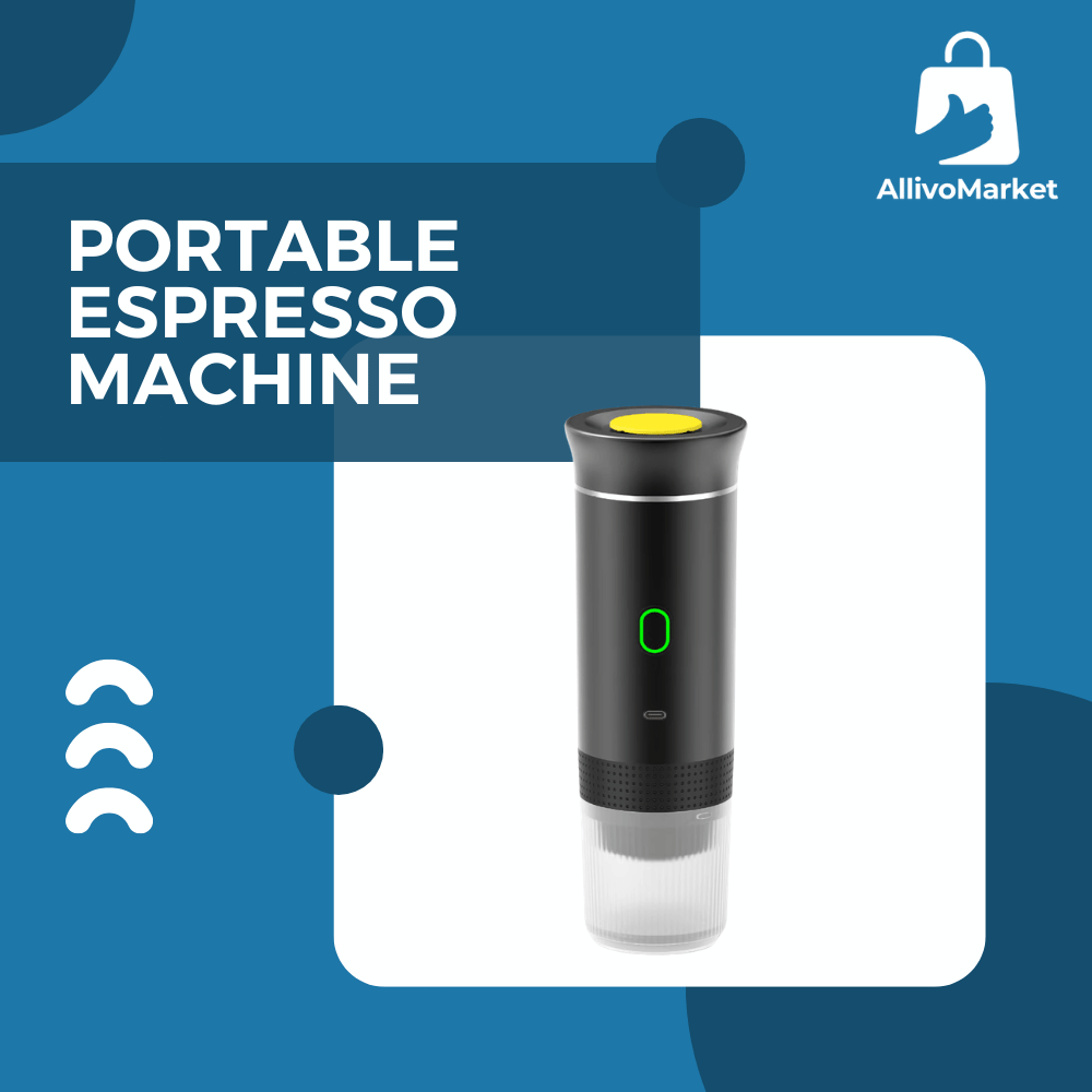 Portable espresso machine with AllivoMarket branding on a blue background