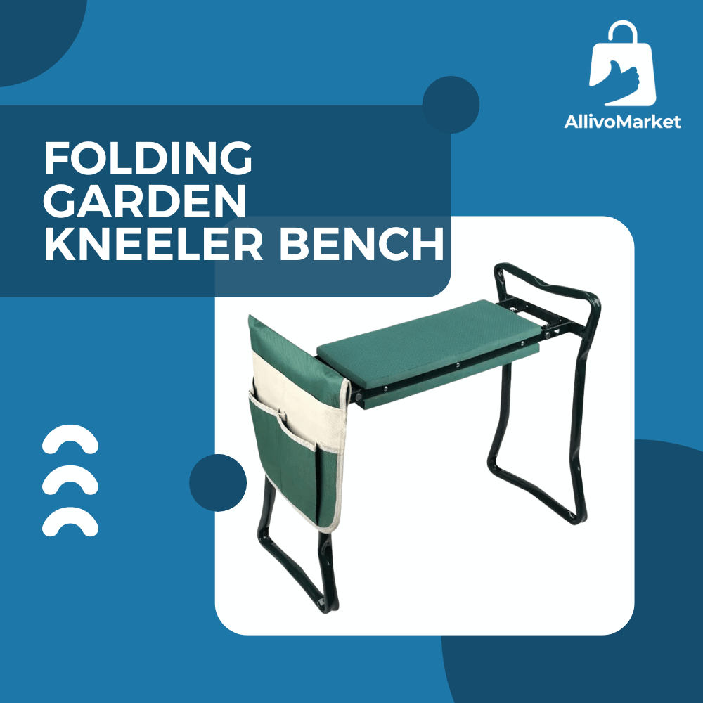 Folding garden kneeler bench with 'AllivoMarket' branding on a blue background
