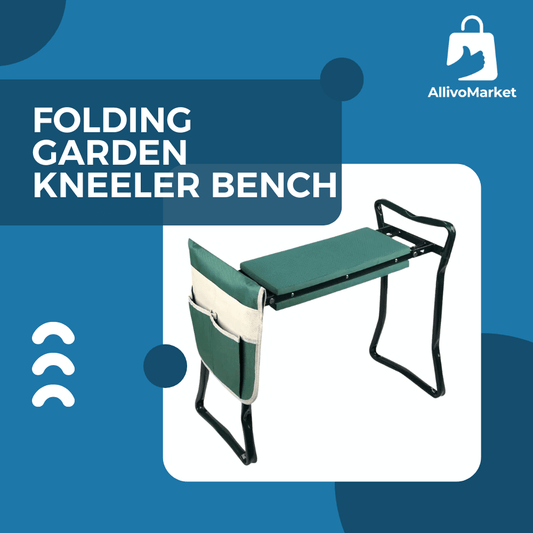 Folding garden kneeler bench with 'AllivoMarket' branding on a blue background