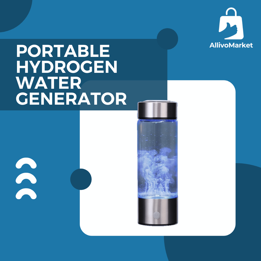 Portable hydrogen water generator with blue liquid on a blue background, featuring AllivoMarket logo.