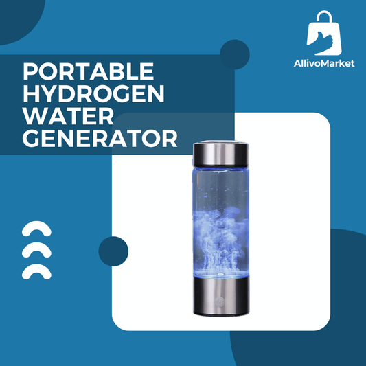 Portable hydrogen water generator with blue liquid on a blue background, featuring AllivoMarket logo.