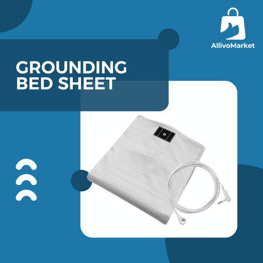 Grounding bed sheet with cable on a blue background, featuring AllivoMarket logo.