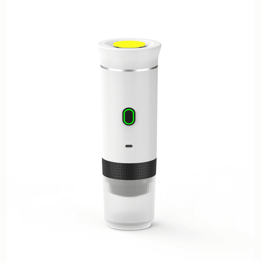 White electronic device with a yellow top and green indicator light on a white background
