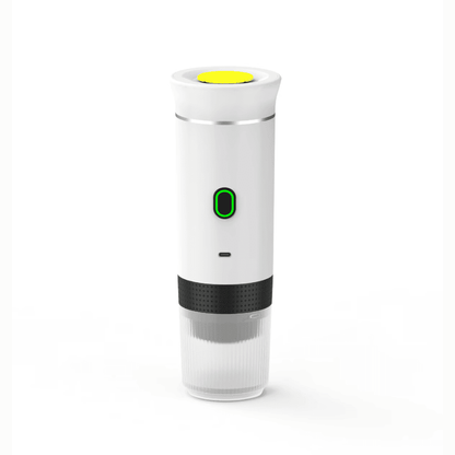 White electronic device with a yellow top and green indicator light on a white background