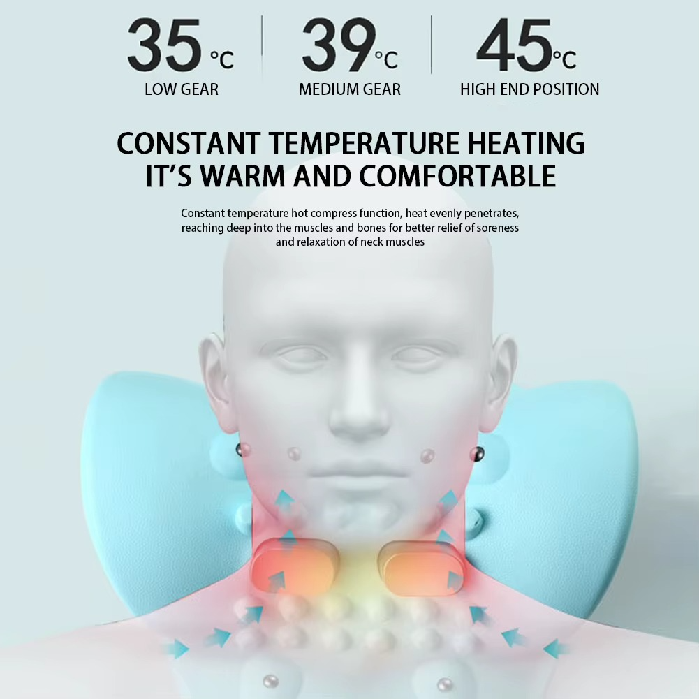 Neck heating device with temperature display and text on a light gray background